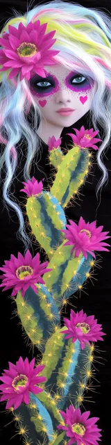 Free cactus bookmark featuring a lady with blond hair on diagonal cacti